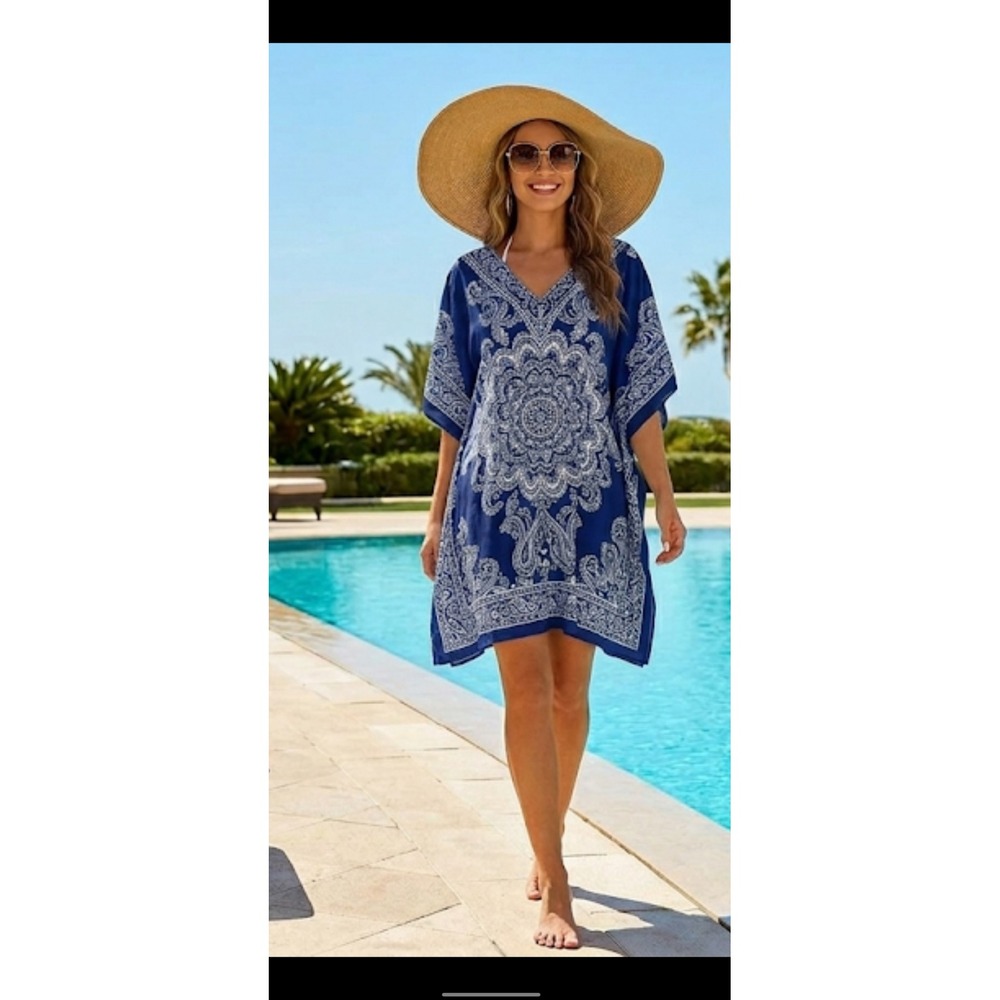 Marbella & Ashford Blue White Medallion Beach‎ Cover Up One Size NWT